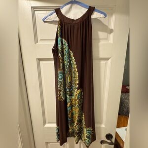 Multi colored jersey halter-neck dress, great for a summer or fall event!